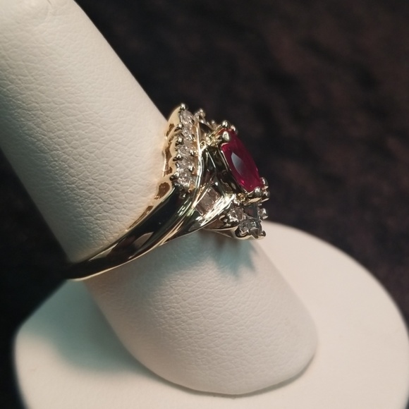 10k yellow gold created ruby and diamonds ring - Picture 2 of 4
